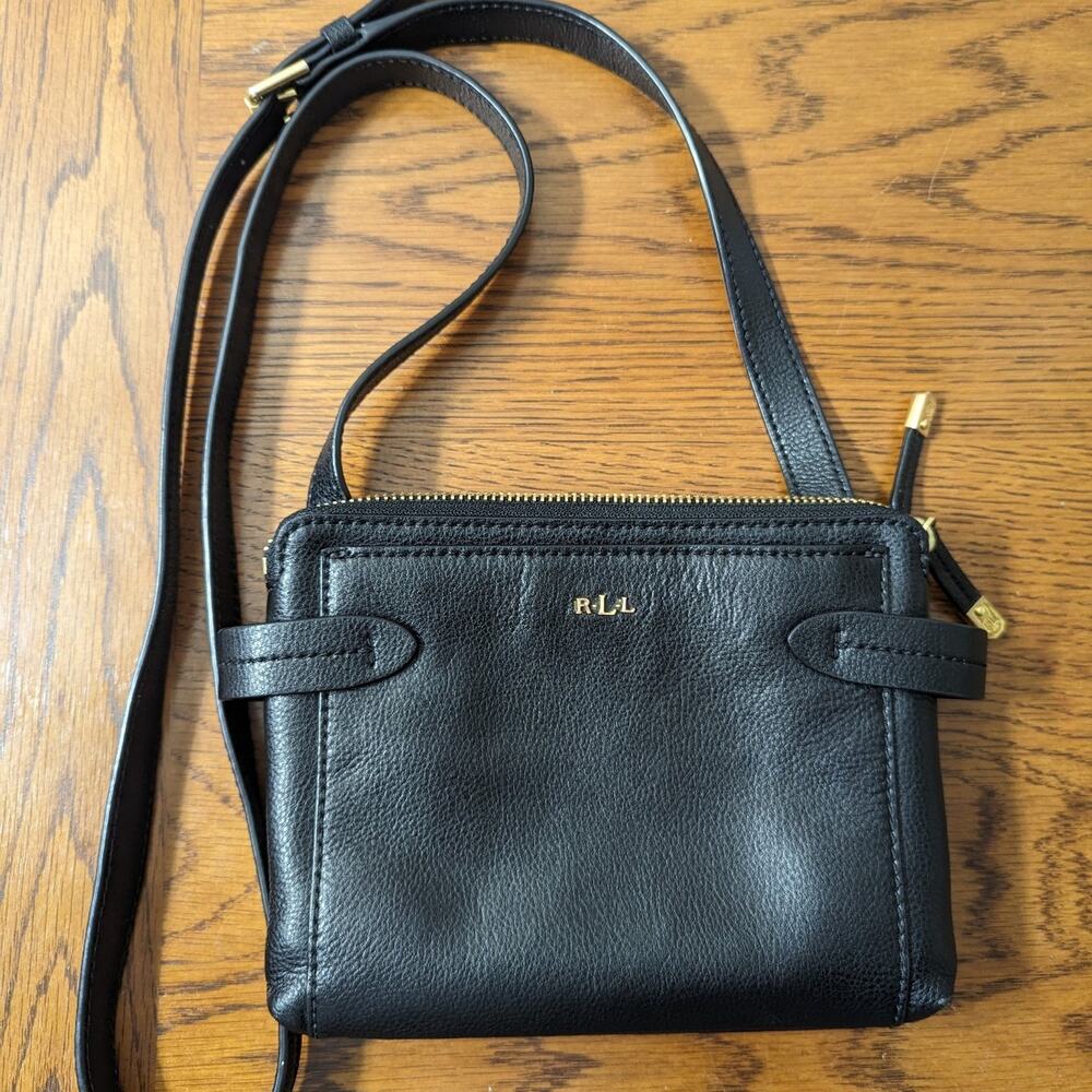 Lauren Ralph Lauren Black Leather Crossbody Purse with zipper pockets